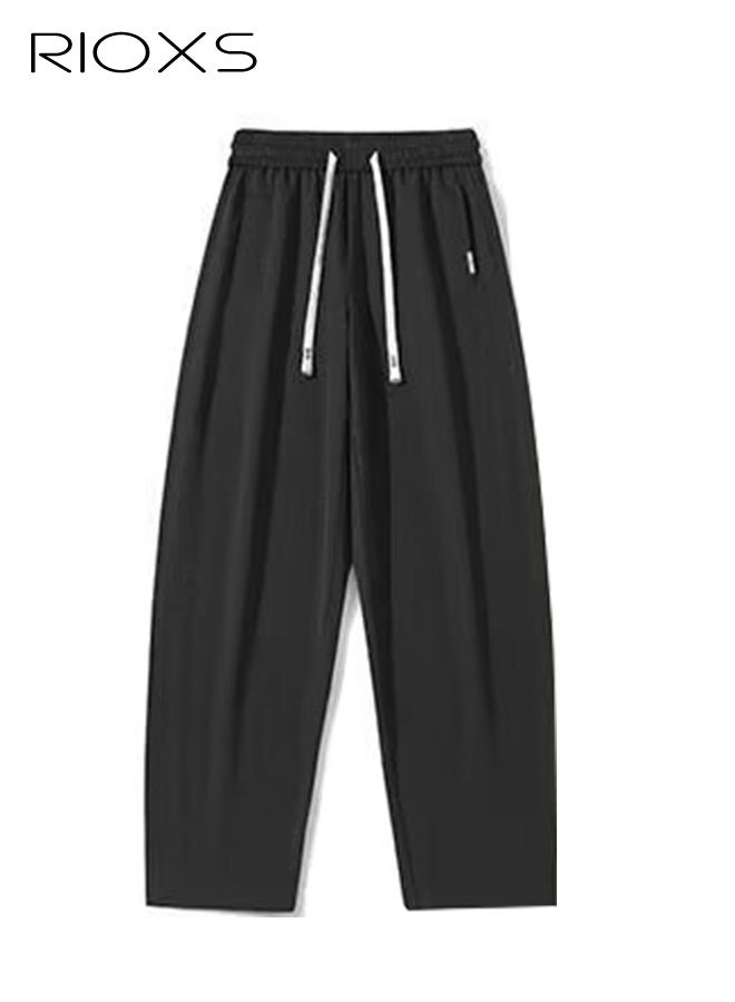 RIOXS Men's Ice-Silk Straight-Leg Pants, Lightweight and Cool Summer Casual Pants with Drawstring, Elastic Waistband, Breathable Mesh Panels, Relaxed Fit, Soft and Stylish Athletic Pants, Versatile for Everyday Casual Wear, Black - Image 4